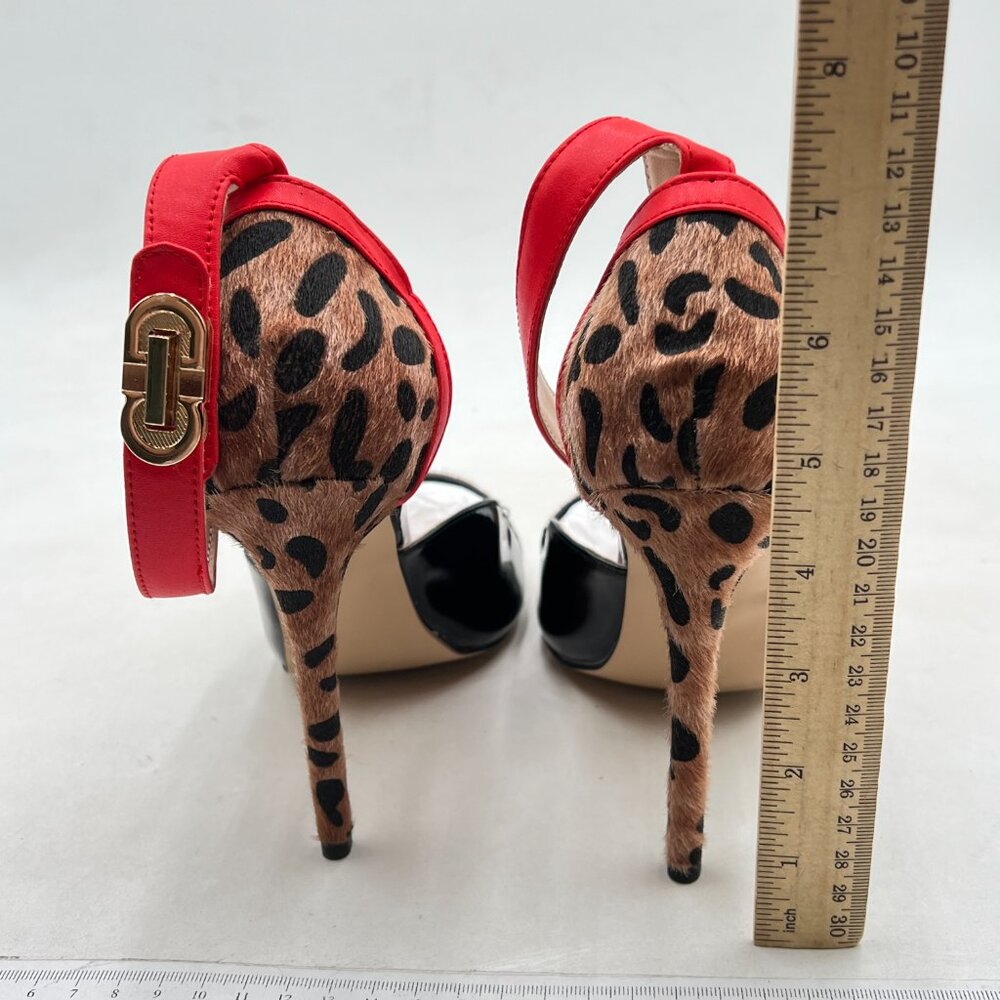 Leopard Print Red Ankle-Strap Stiletto Sandals - Picture 4 of 7